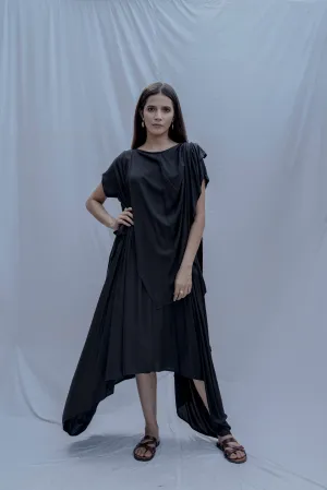 Jess- Black Overlap Asymmetric Draped Dress