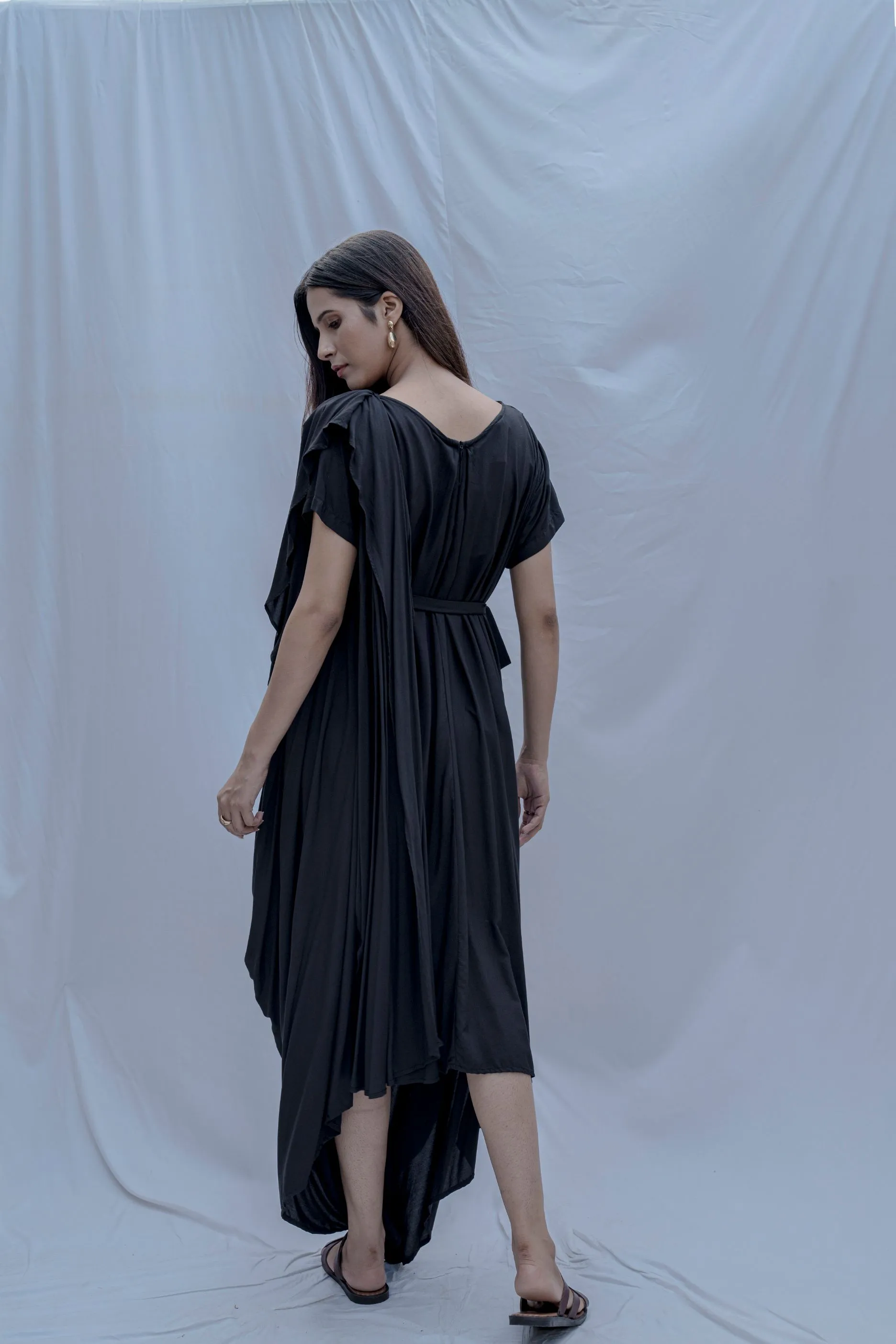 Jess- Black Overlap Asymmetric Draped Dress