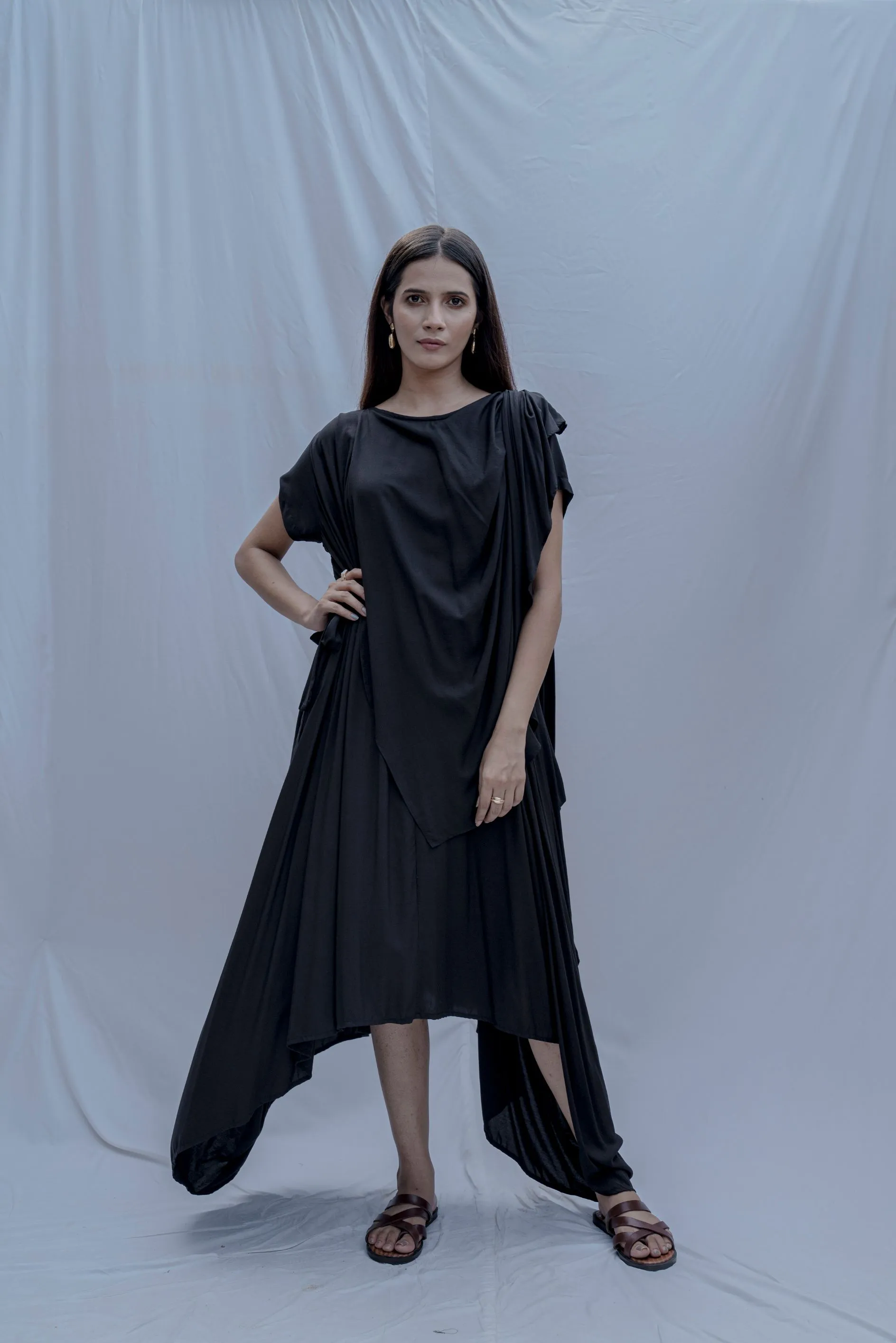 Jess- Black Overlap Asymmetric Draped Dress