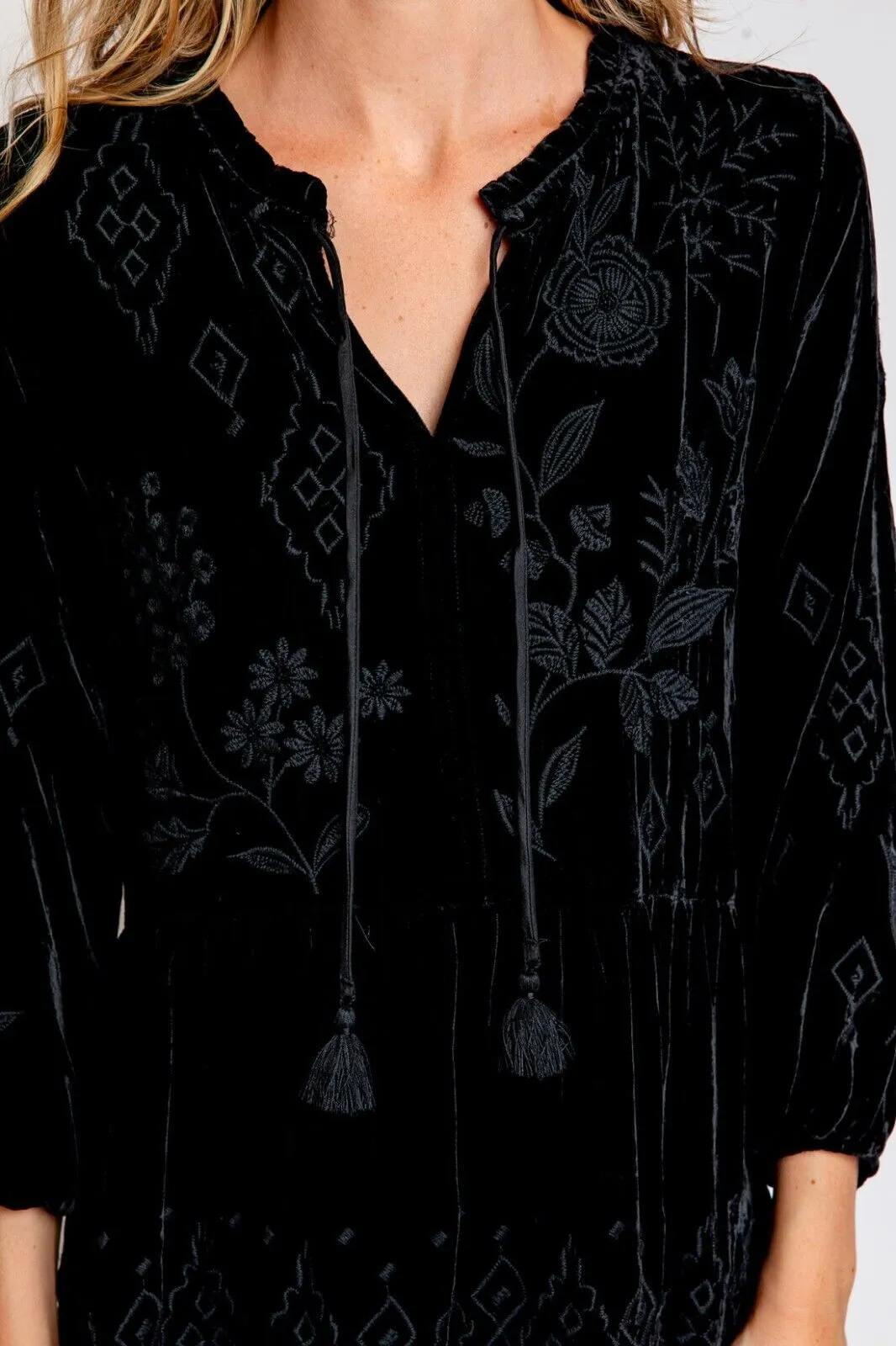 Johnny Was Ivey Velvet Field Tiered Dress Embroidered Black Floral XX Large NEW