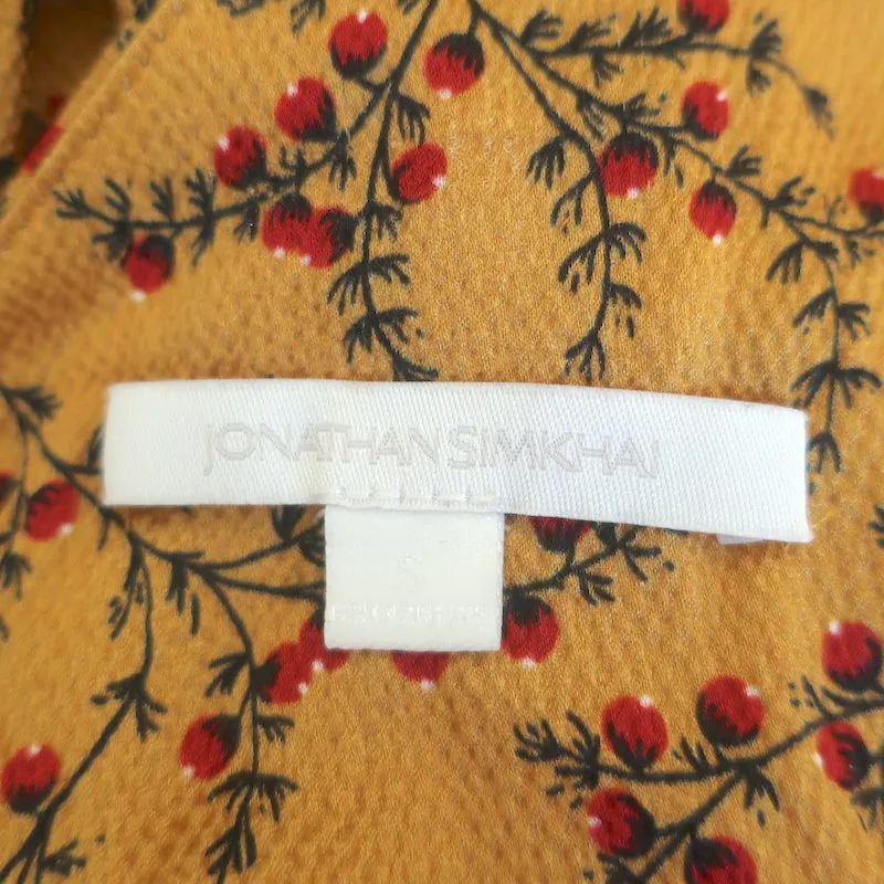 Jonathan Simkhai Peplum Top Mustard Floral Print Hammered Satin Size Small