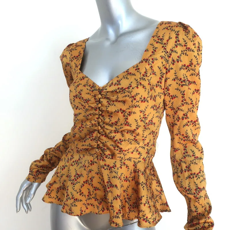 Jonathan Simkhai Peplum Top Mustard Floral Print Hammered Satin Size Small