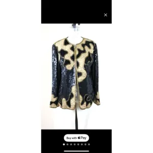 Judith Ann Creations Silk Sequin Vintage Jacket Top Black Gold Size Large