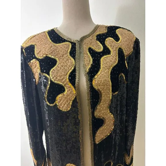 Judith Ann Creations Silk Sequin Vintage Jacket Top Black Gold Size Large