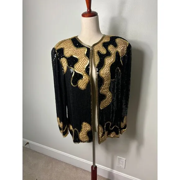 Judith Ann Creations Silk Sequin Vintage Jacket Top Black Gold Size Large