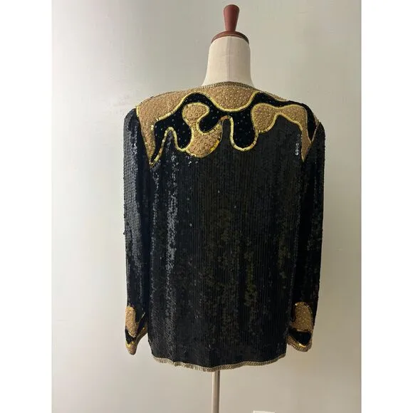 Judith Ann Creations Silk Sequin Vintage Jacket Top Black Gold Size Large