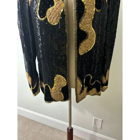 Judith Ann Creations Silk Sequin Vintage Jacket Top Black Gold Size Large