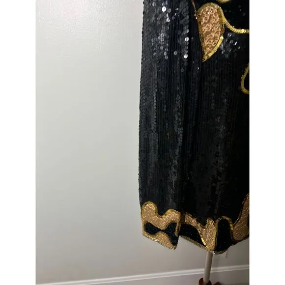 Judith Ann Creations Silk Sequin Vintage Jacket Top Black Gold Size Large