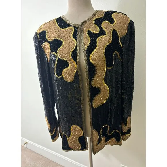 Judith Ann Creations Silk Sequin Vintage Jacket Top Black Gold Size Large