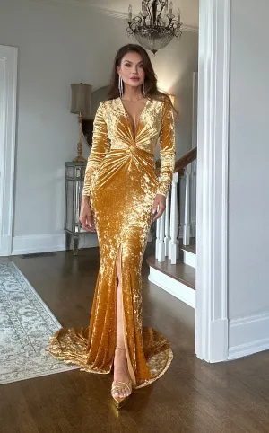 Julianna gold long sleeve velvet dress with front slit