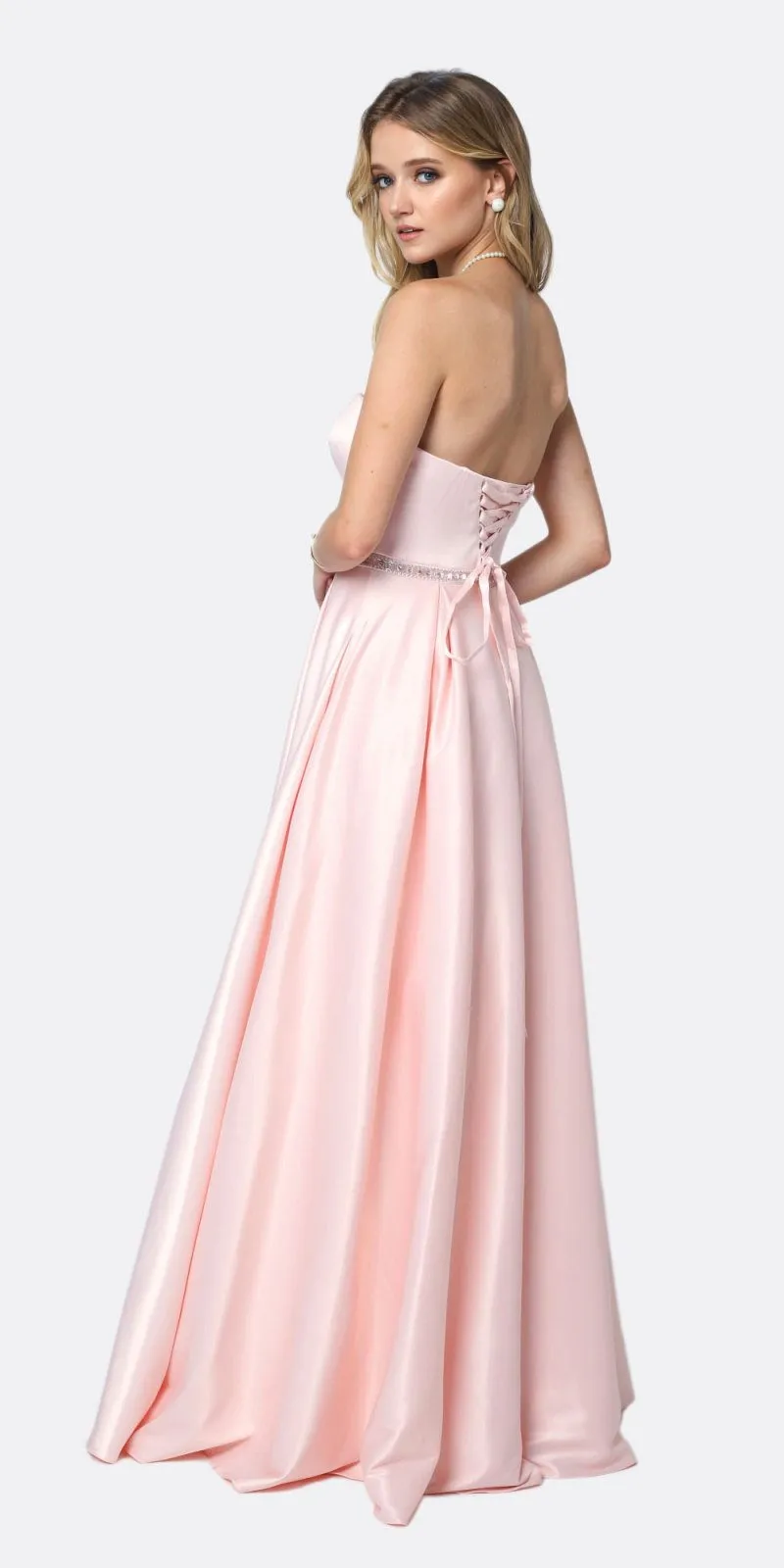 Juliet 688 Floor Length Shiny Satin A-Line Gown Beaded Belt with Pockets