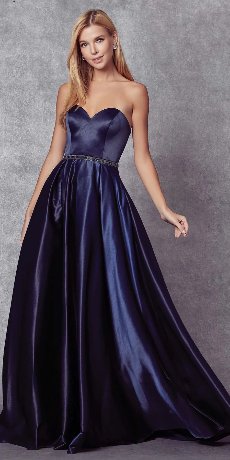 Juliet 688 Floor Length Shiny Satin A-Line Gown Beaded Belt with Pockets