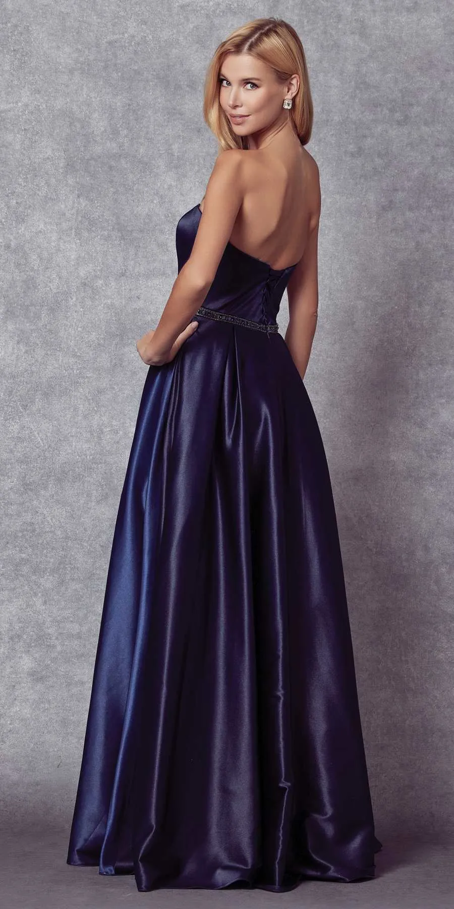 Juliet 688 Floor Length Shiny Satin A-Line Gown Beaded Belt with Pockets