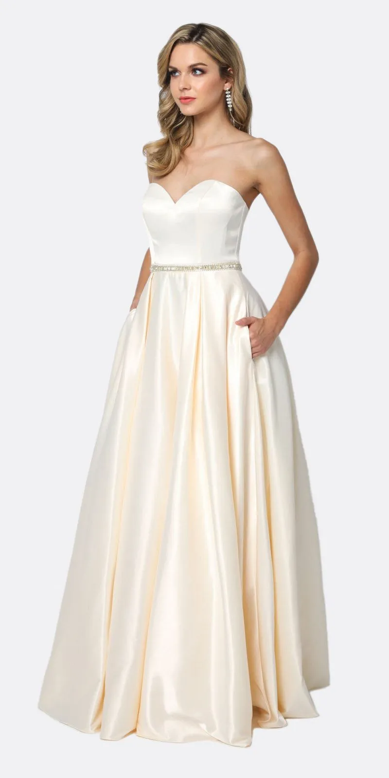 Juliet 688 Floor Length Shiny Satin A-Line Gown Beaded Belt with Pockets