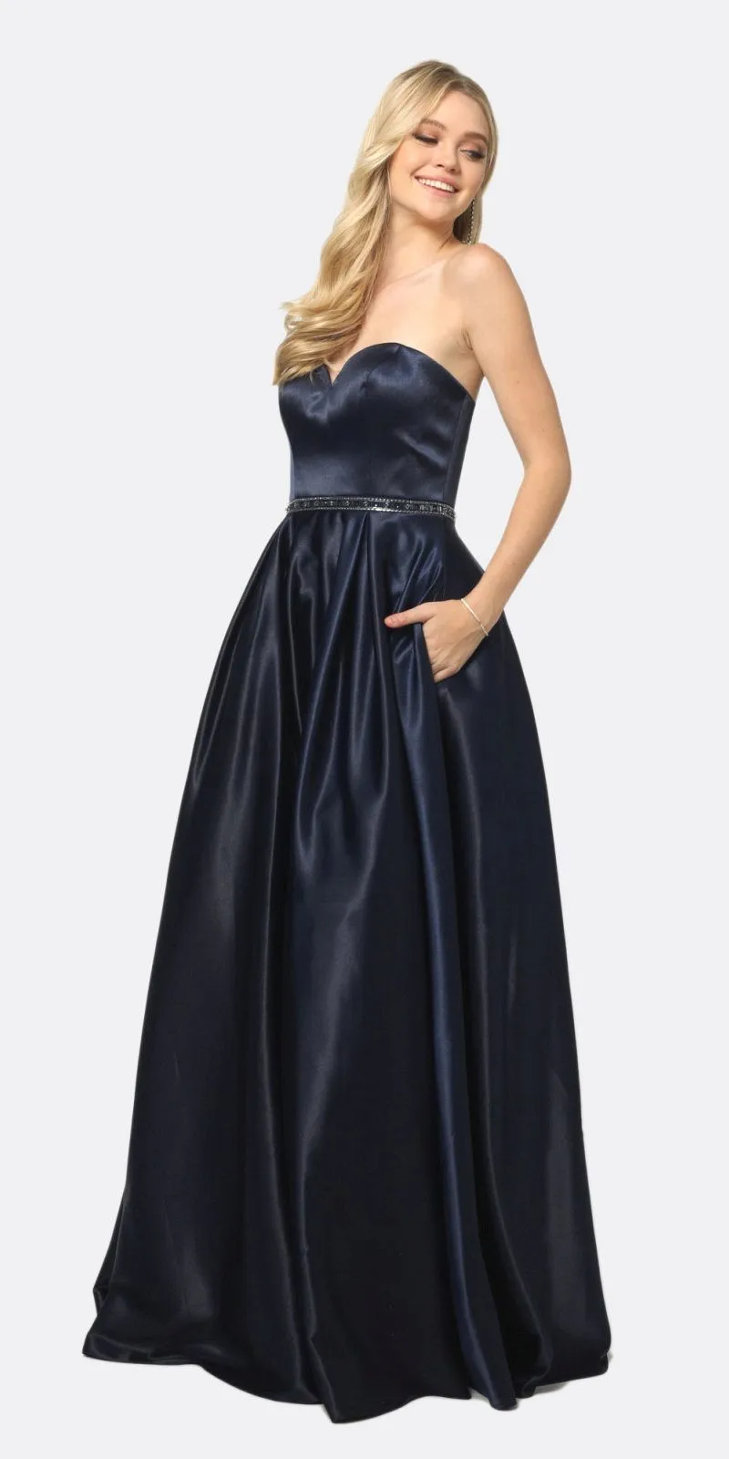 Juliet 688 Floor Length Shiny Satin A-Line Gown Beaded Belt with Pockets
