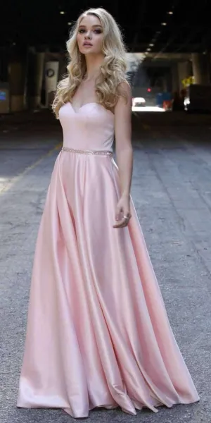 Juliet 688 Floor Length Shiny Satin A-Line Gown Beaded Belt with Pockets