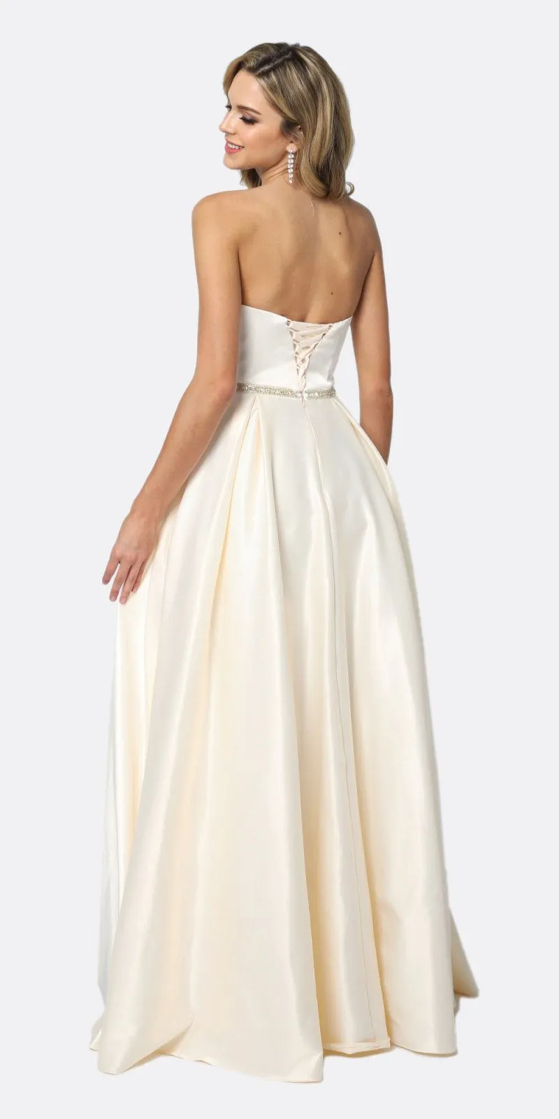 Juliet 688 Floor Length Shiny Satin A-Line Gown Beaded Belt with Pockets