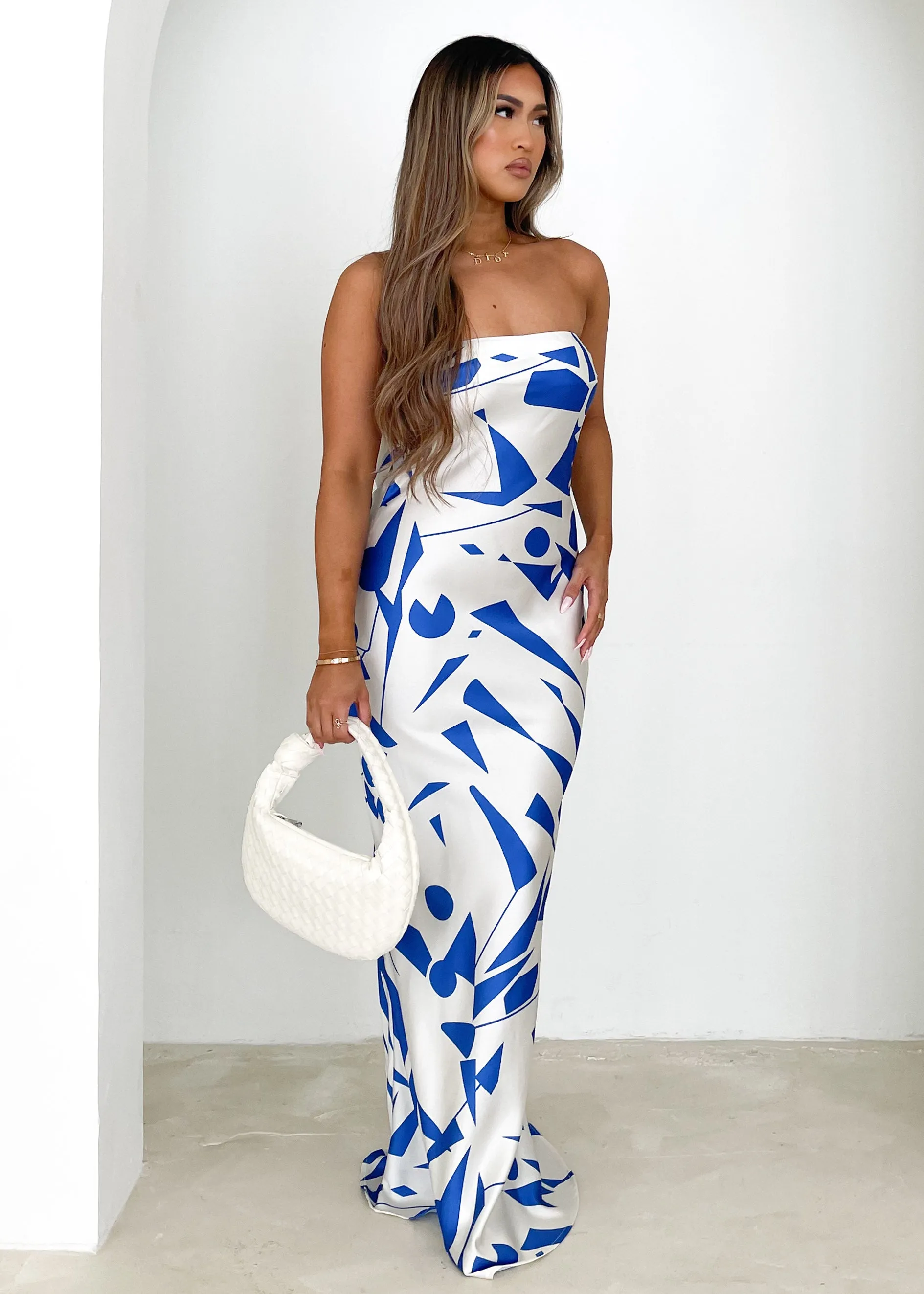 Kaelan Strapless Midi Dress - Blue Geo