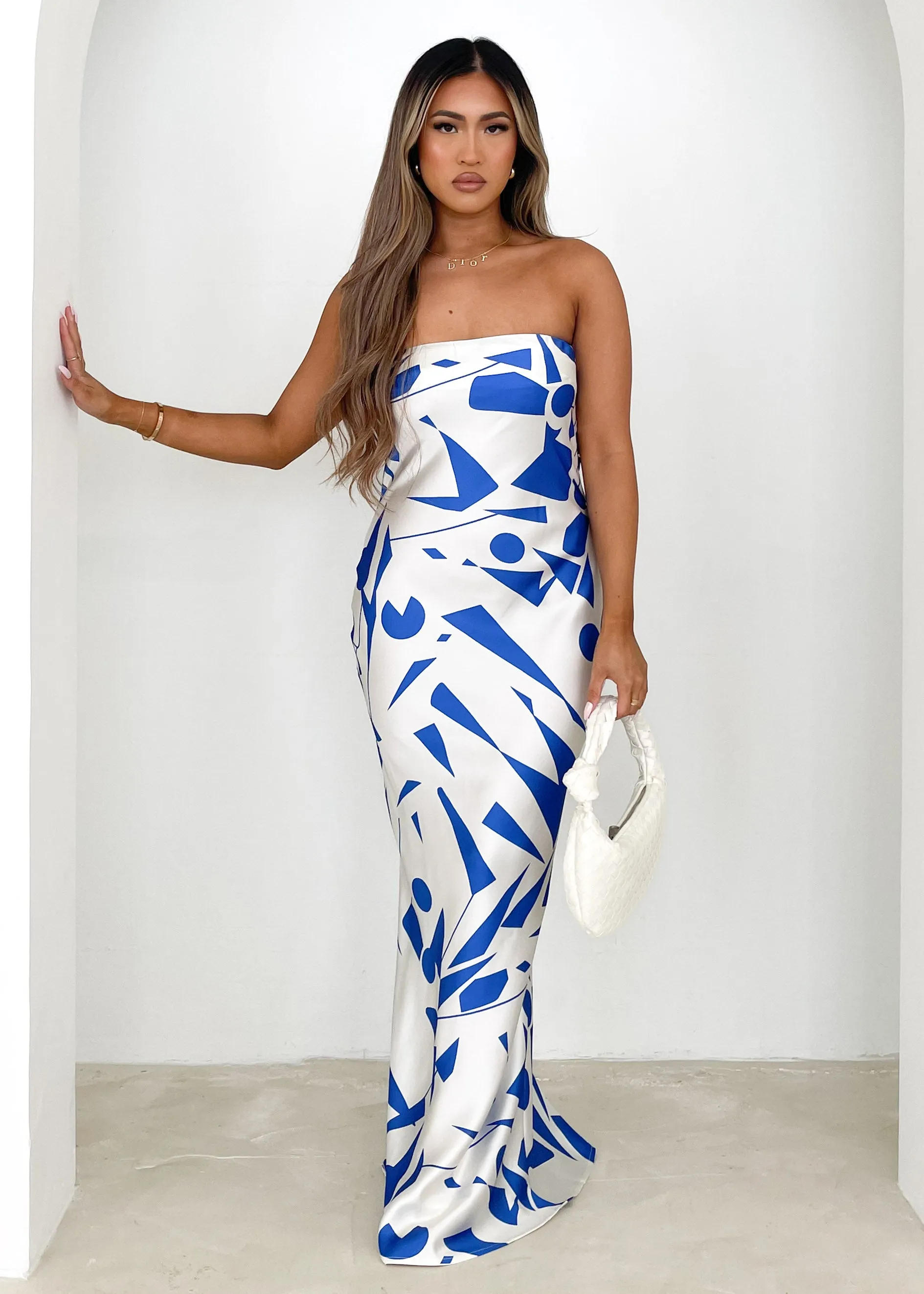 Kaelan Strapless Midi Dress - Blue Geo