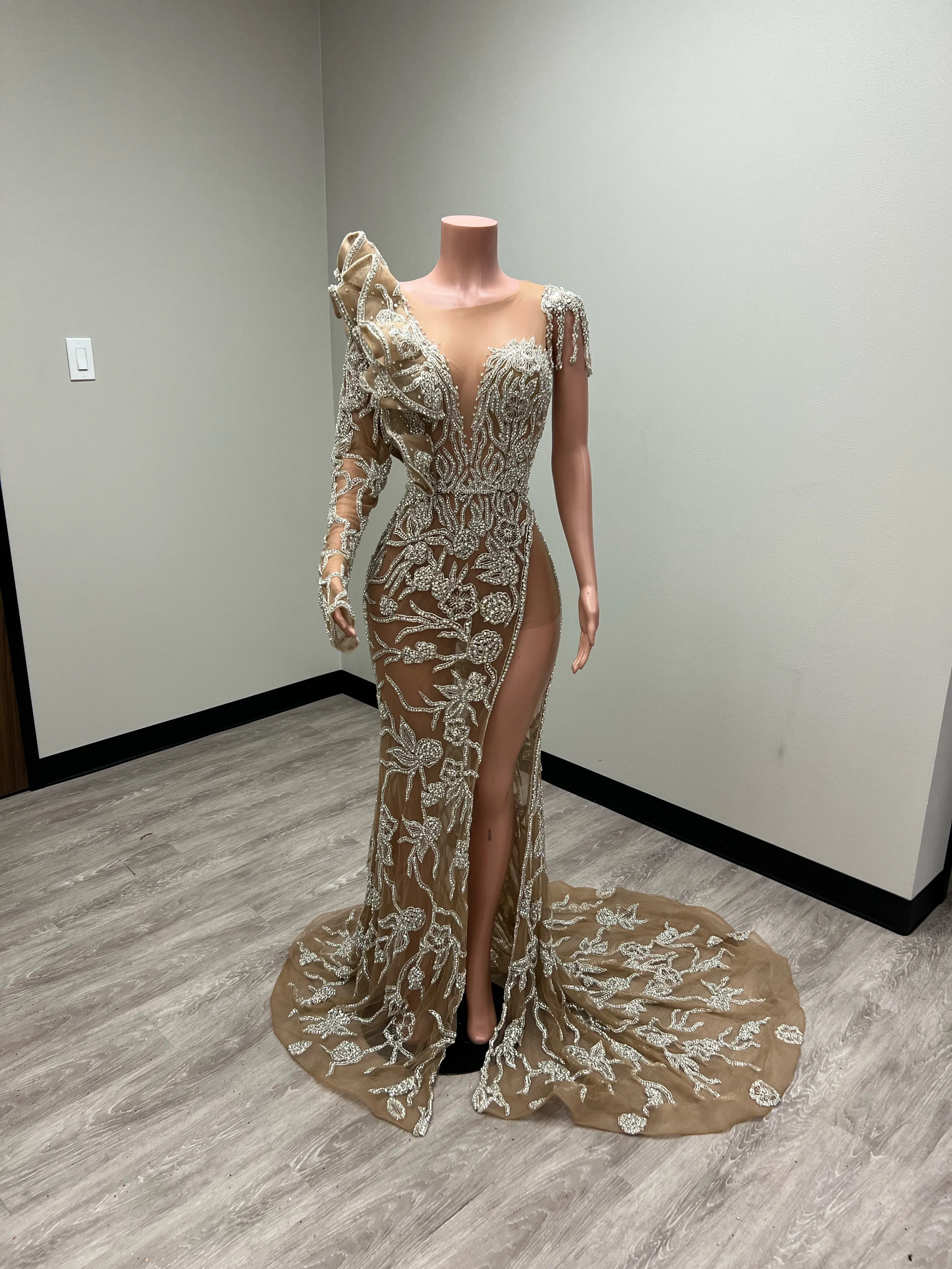 “Kaitlyn” Crystal Beaded Ruffle Shoulder Gown