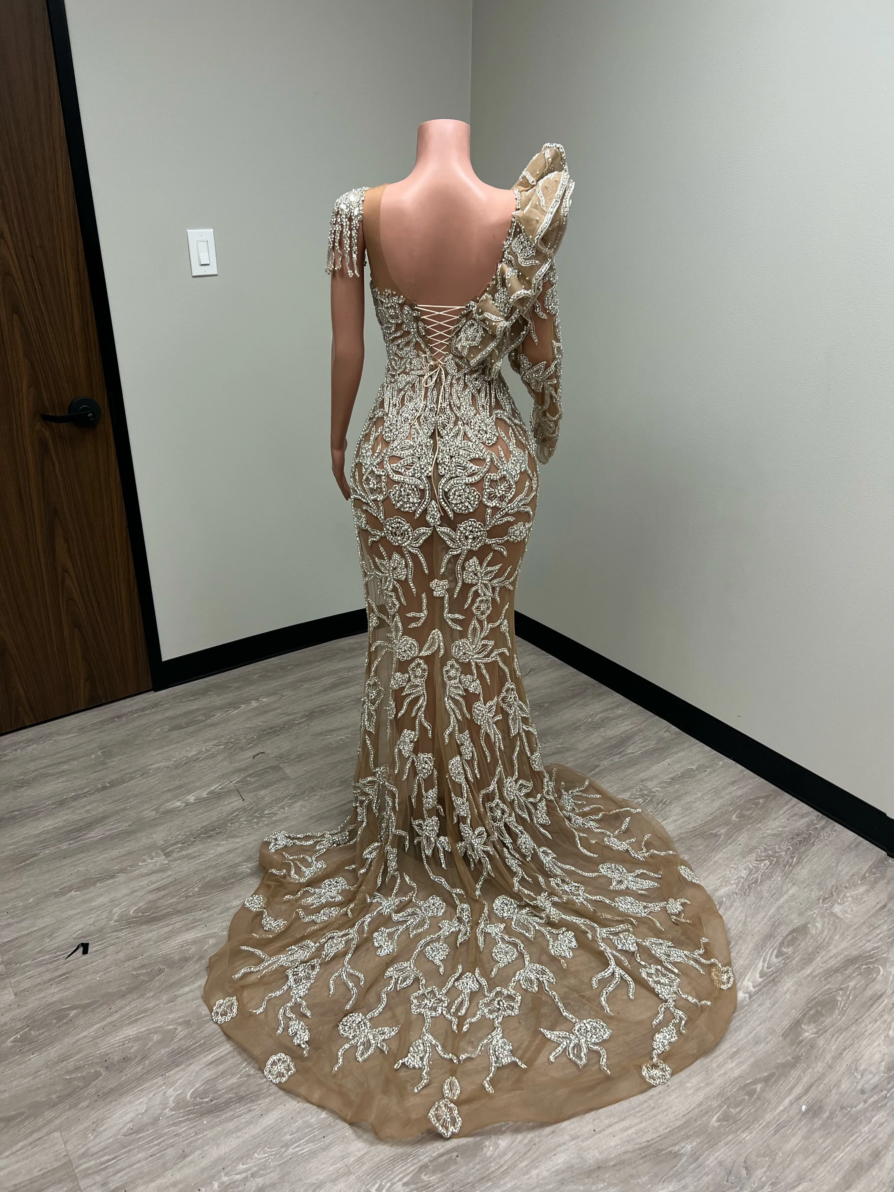“Kaitlyn” Crystal Beaded Ruffle Shoulder Gown