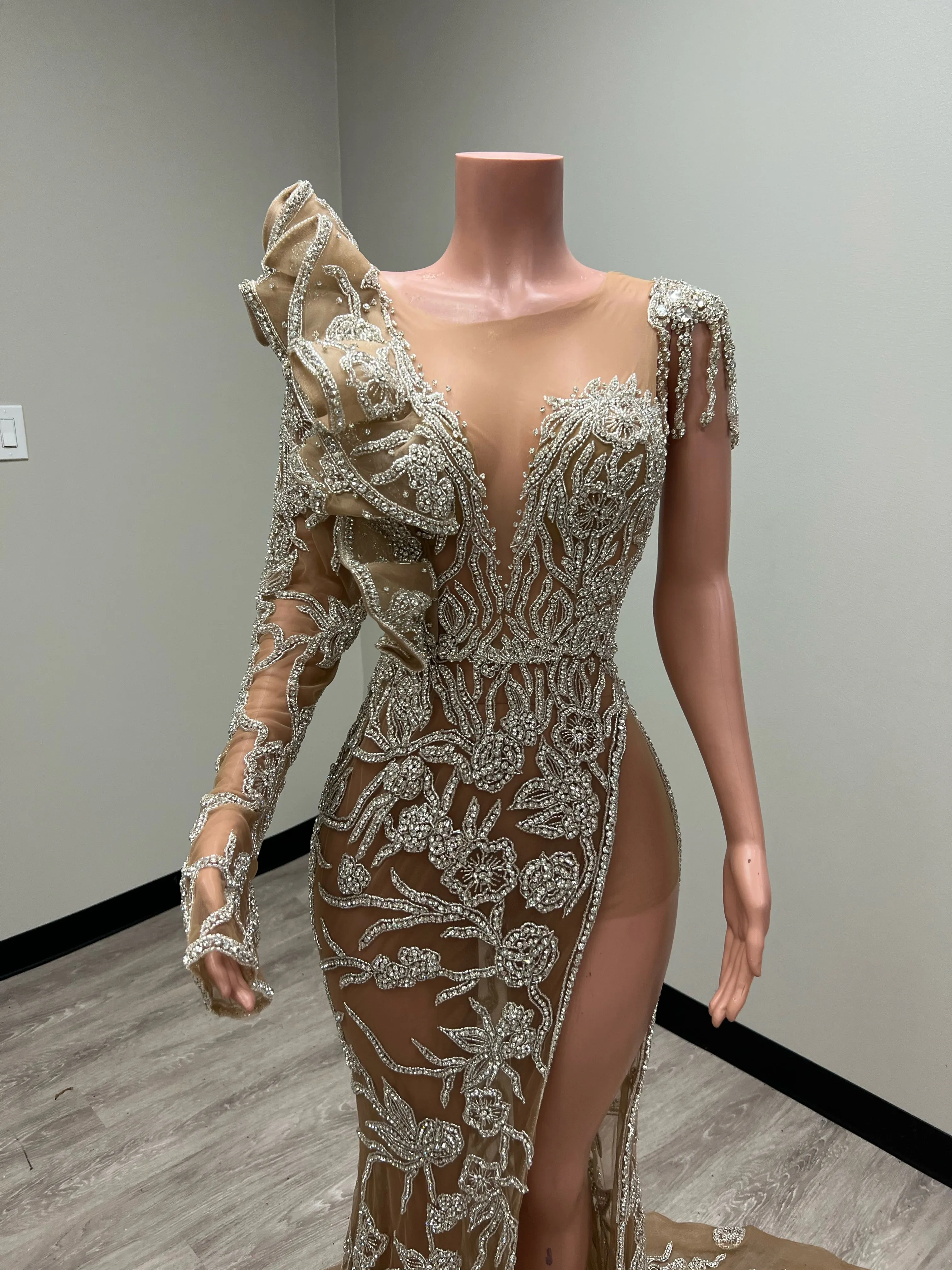 “Kaitlyn” Crystal Beaded Ruffle Shoulder Gown