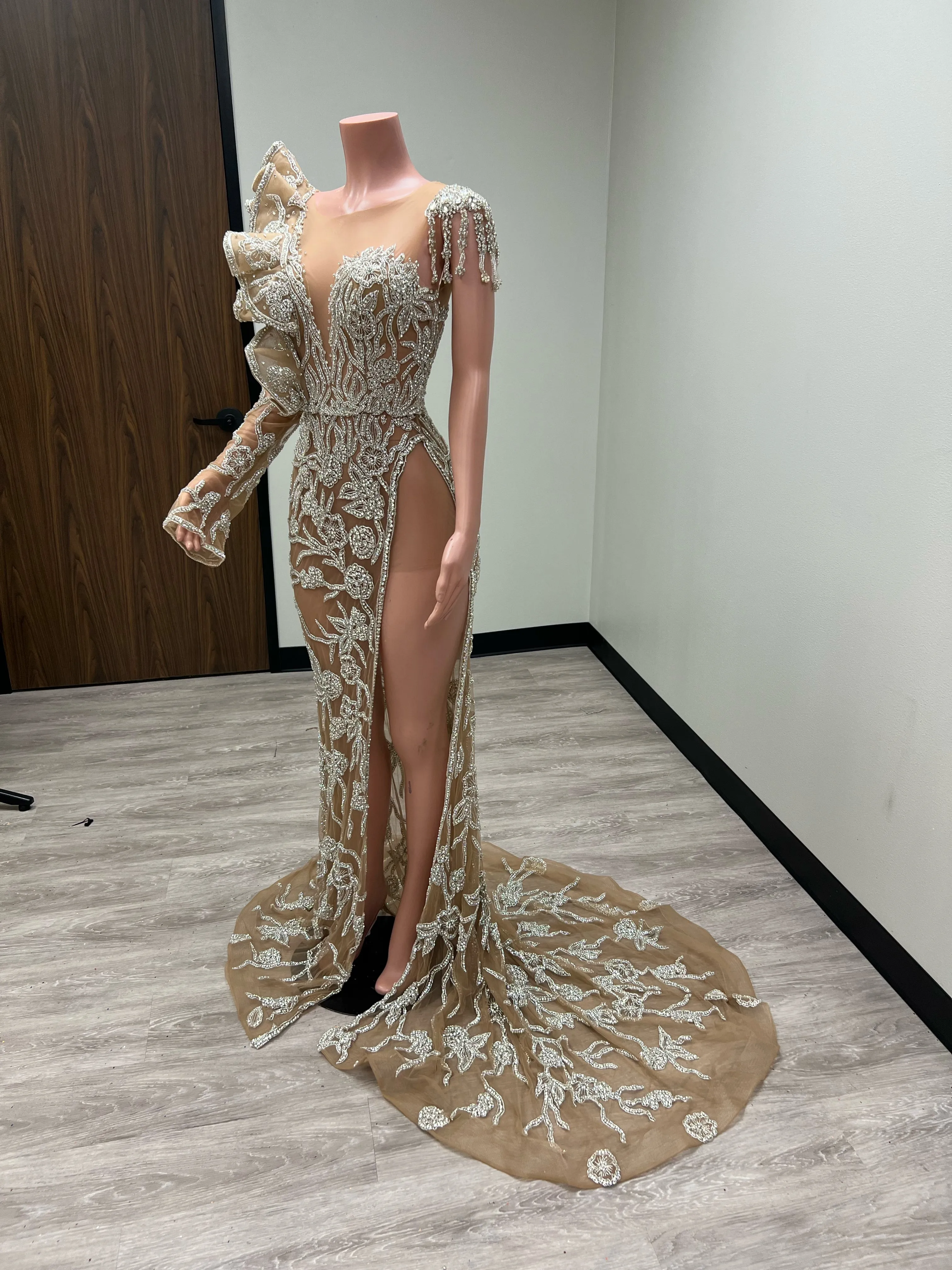 “Kaitlyn” Crystal Beaded Ruffle Shoulder Gown