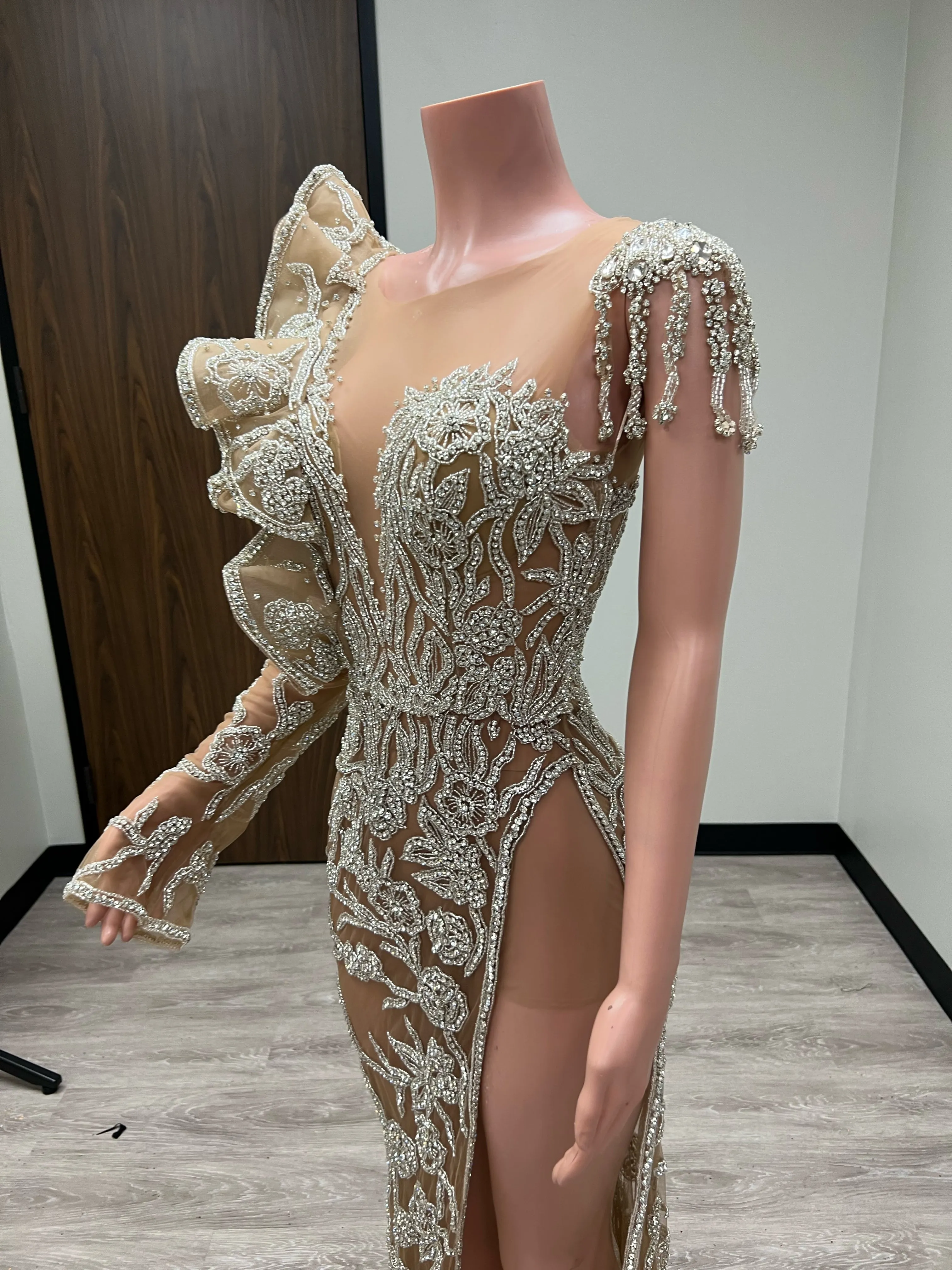 “Kaitlyn” Crystal Beaded Ruffle Shoulder Gown