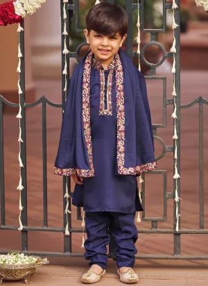 Kids Navy Blue Embroidered Kurta Set