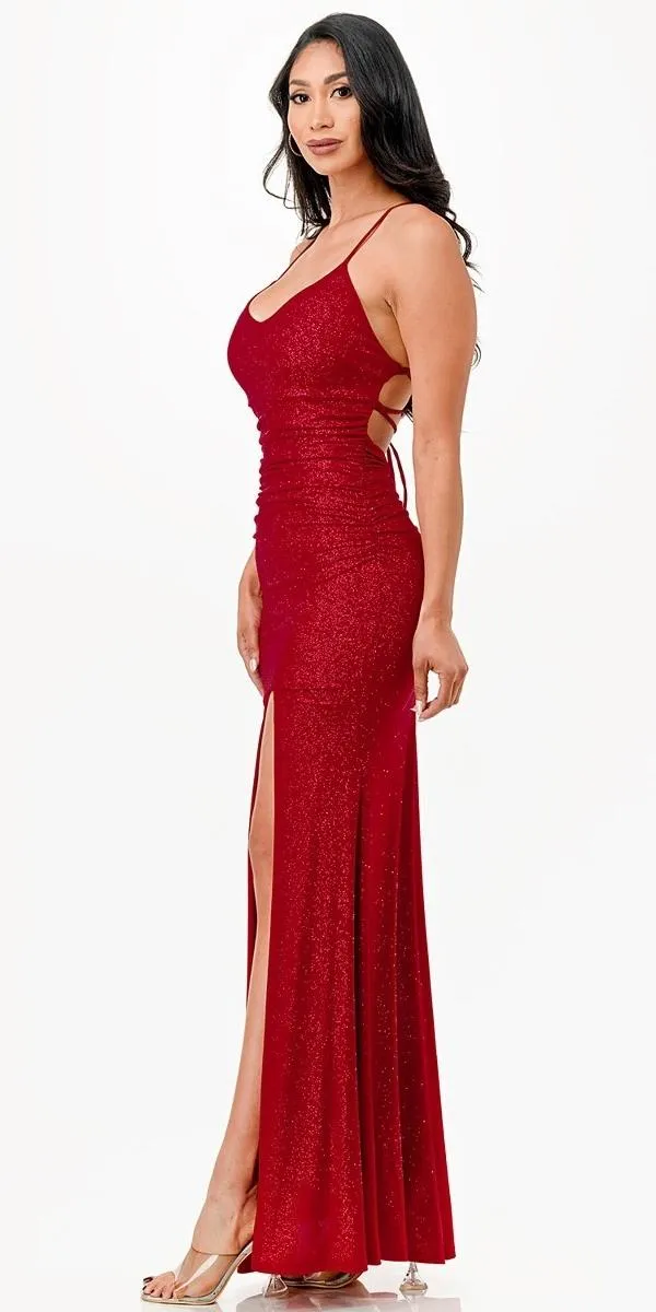 La Scala 26012 Long Glittery ITY Lace up Back Fitted Mermaid Dress