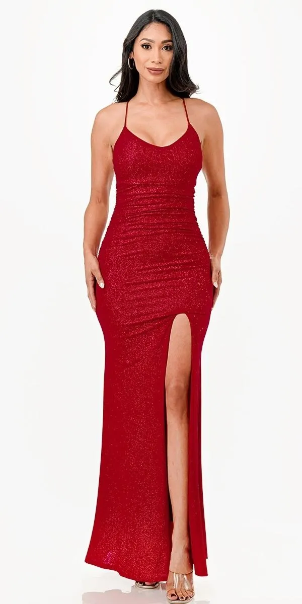 La Scala 26012 Long Glittery ITY Lace up Back Fitted Mermaid Dress