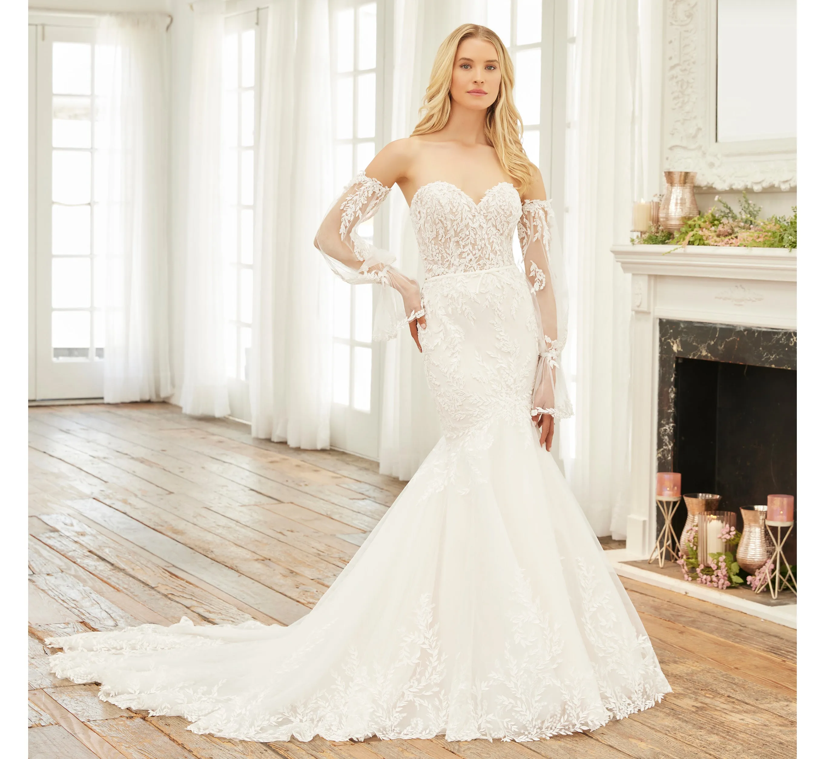 Lace And Tulle Mermaid Gown With Detachable Long Sleeves And Belt In Ivory Almond Nude