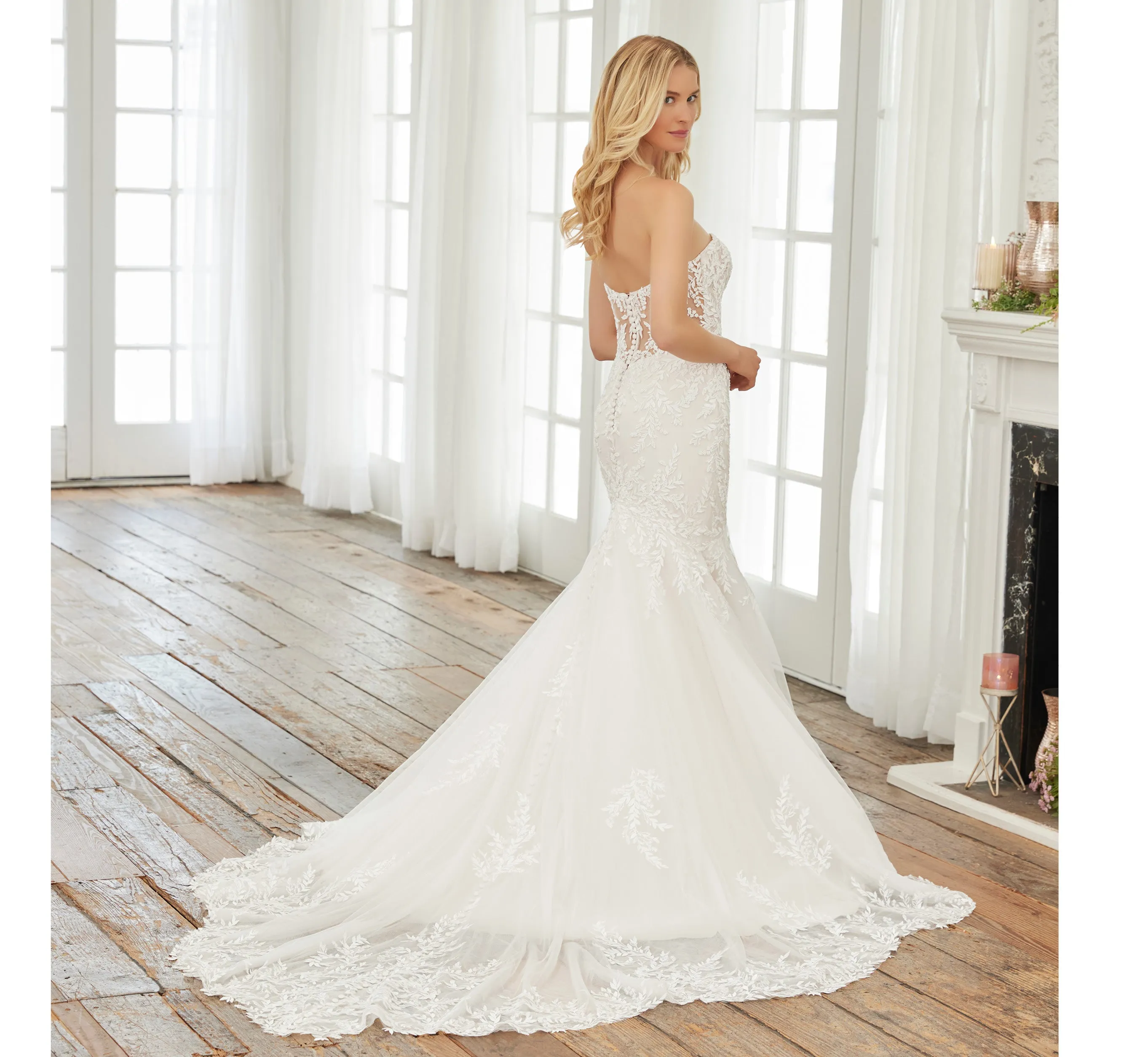 Lace And Tulle Mermaid Gown With Detachable Long Sleeves And Belt In Ivory Almond Nude