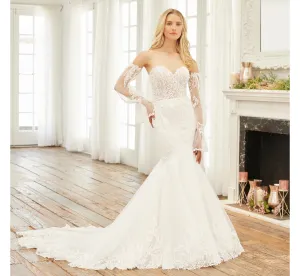 Lace And Tulle Mermaid Gown With Detachable Long Sleeves And Belt In Ivory Almond Nude
