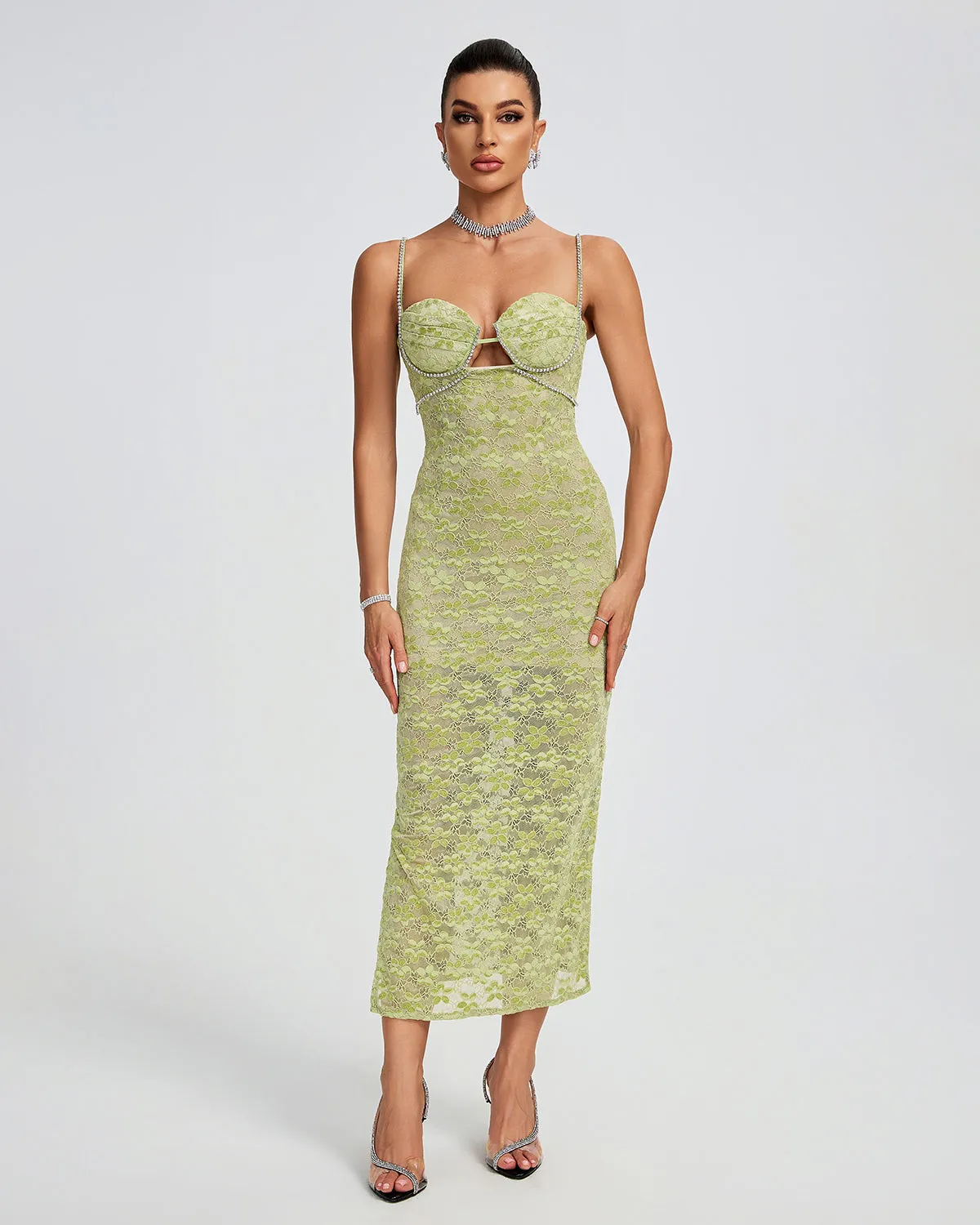 Lace Floral Crystal Chain Bustier Midi Dress