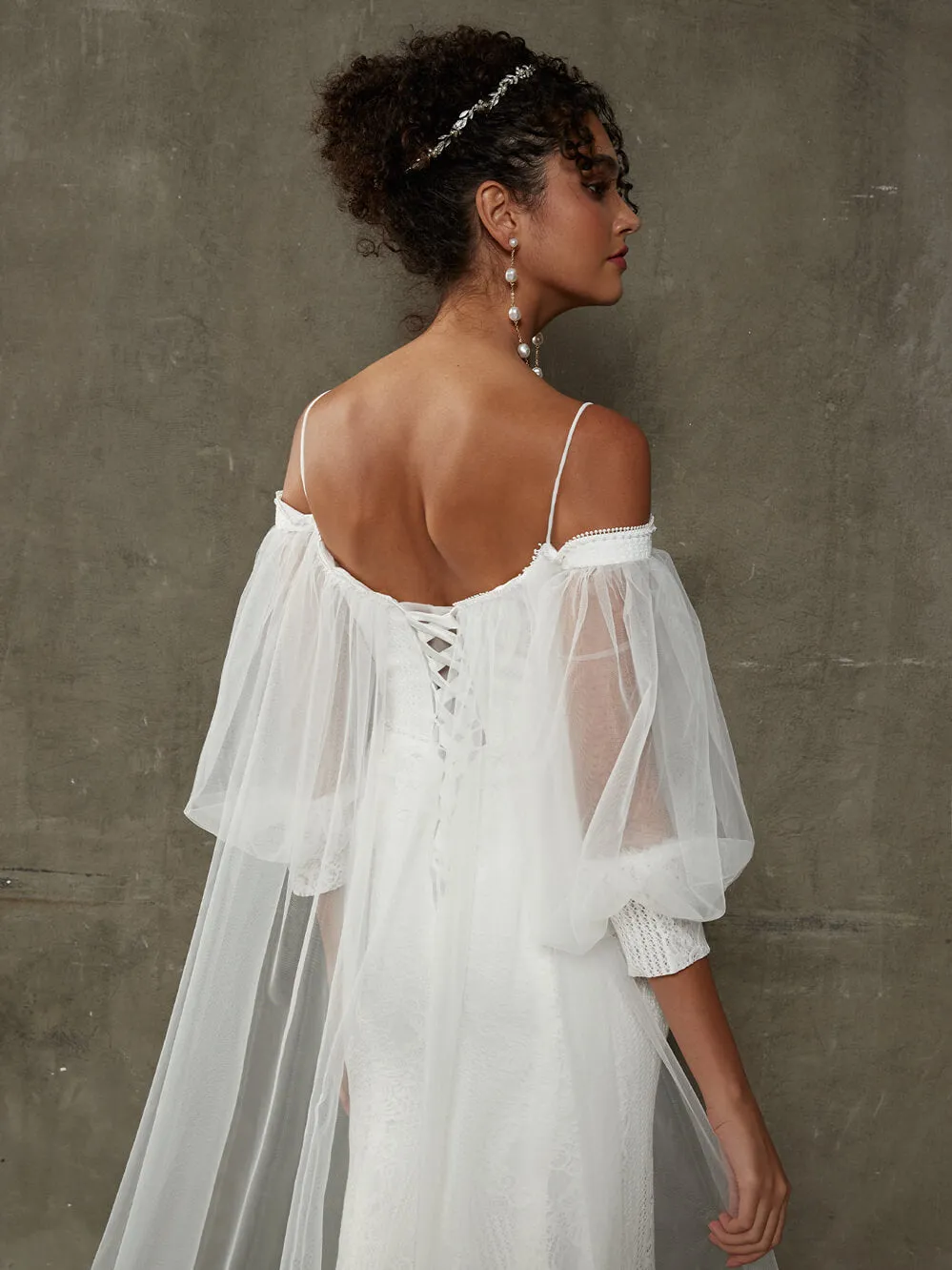 Lace Off-Shoulder Lantern Sleeves Bohemian Mermaid Wedding Dresses