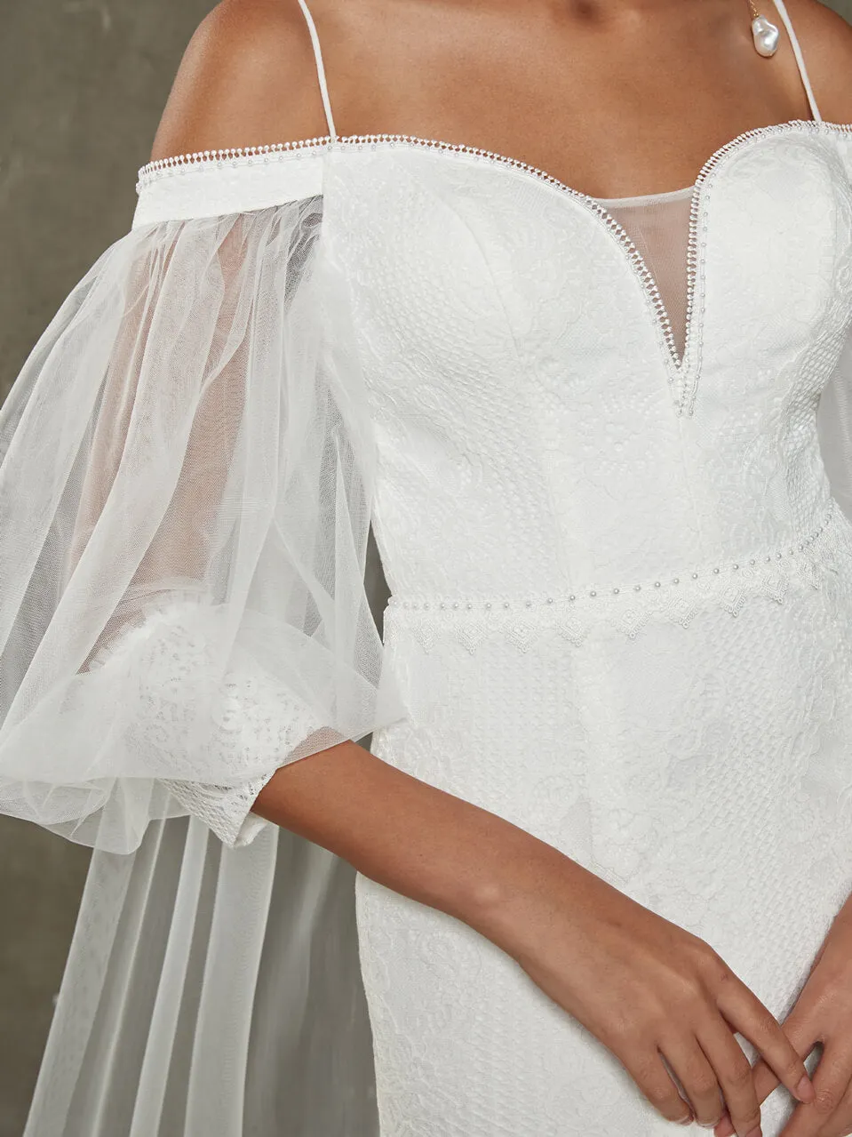 Lace Off-Shoulder Lantern Sleeves Bohemian Mermaid Wedding Dresses