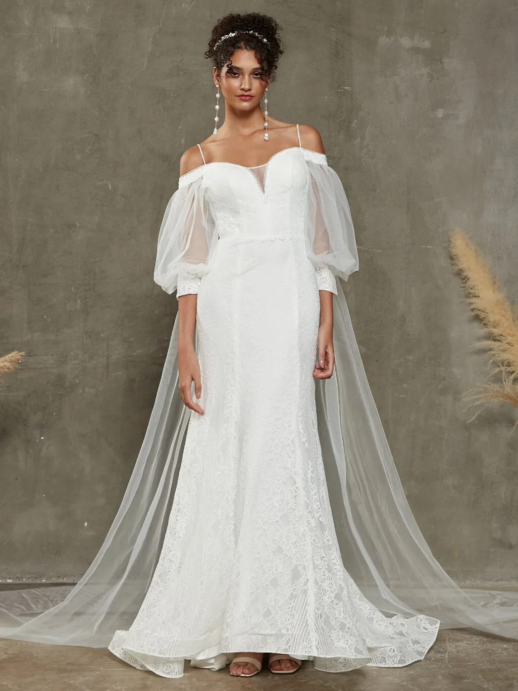 Lace Off-Shoulder Lantern Sleeves Bohemian Mermaid Wedding Dresses