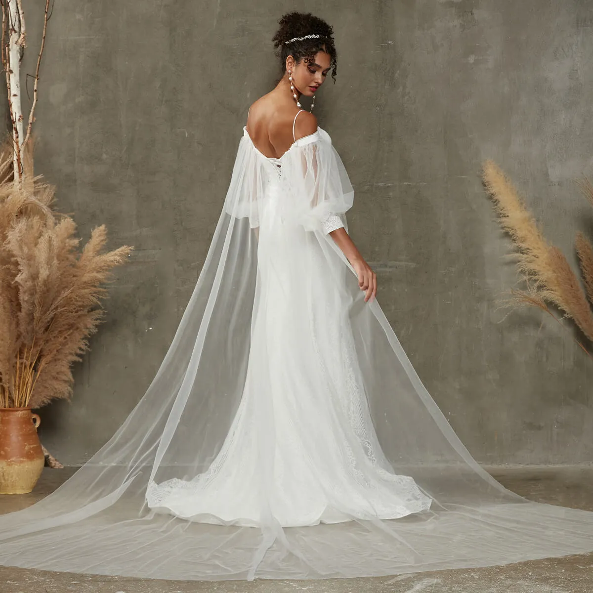 Lace Off-Shoulder Lantern Sleeves Bohemian Mermaid Wedding Dresses