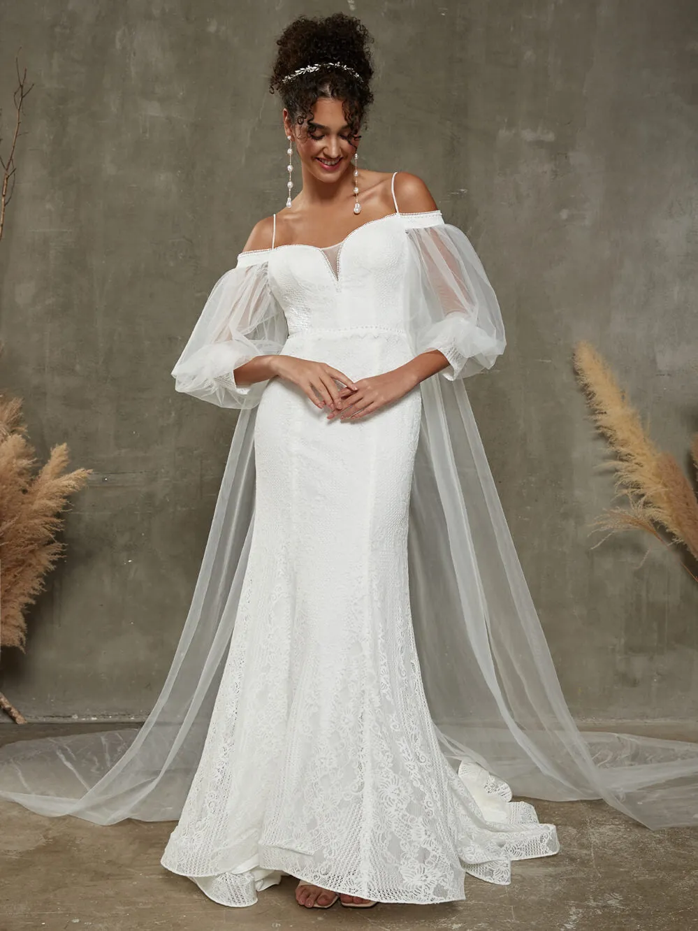 Lace Off-Shoulder Lantern Sleeves Bohemian Mermaid Wedding Dresses
