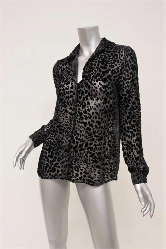 L'Agence Blouse Nina Dark Brown Leopard Velvet Burnout Top Size Extra Small
