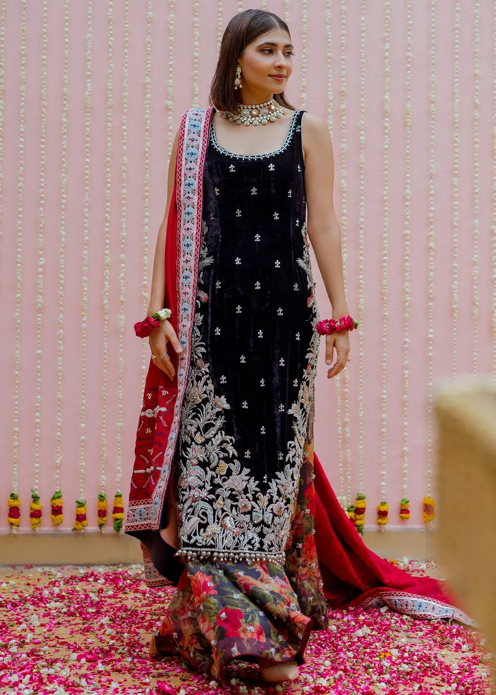 Latest embellished Indian velvet dress in blue color for wedding wear # B3408