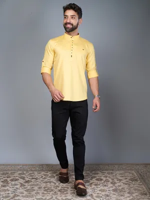 Lemon Yellow Colour Short Mandarin Collar Silk Kurta