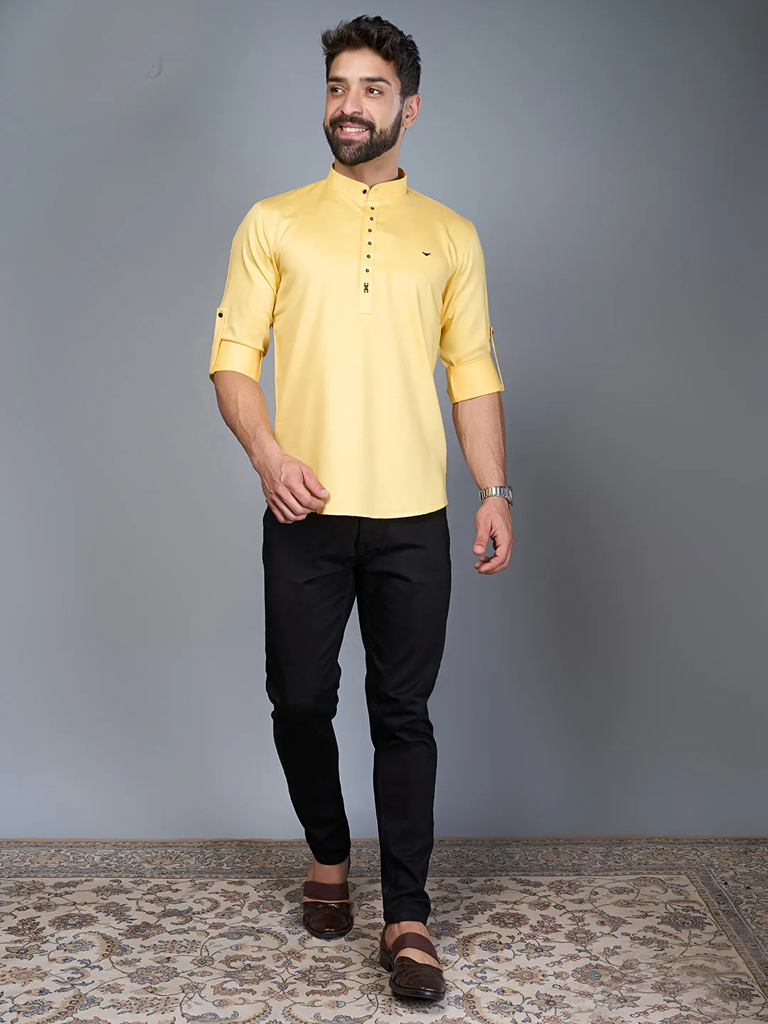 Lemon Yellow Colour Short Mandarin Collar Silk Kurta