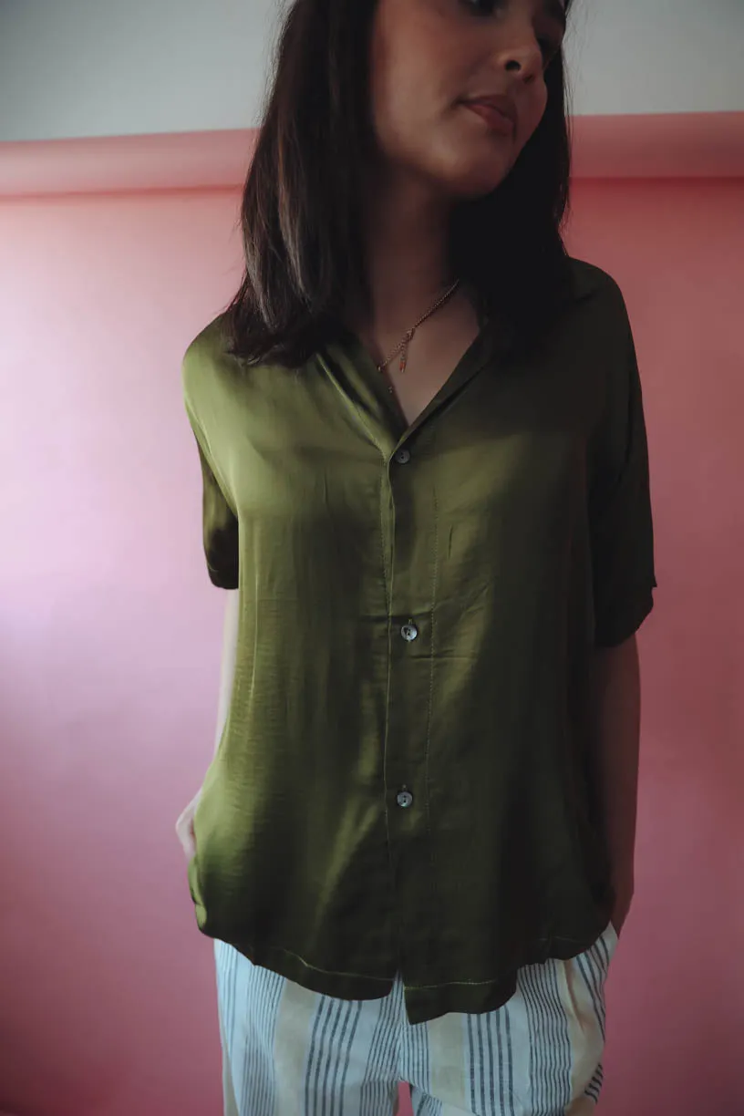 Let's Get Basic Satin Top in Avocado
