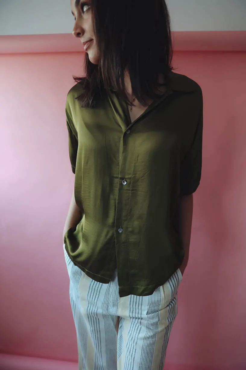 Let's Get Basic Satin Top in Avocado