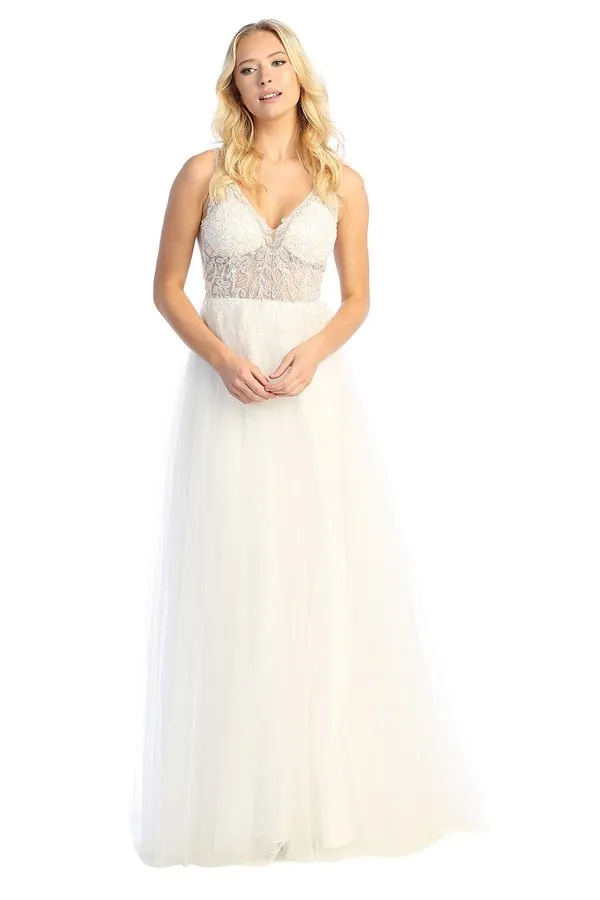 LF 7638L - A-line Prom Gown with Sheer Beaded Applique Bodice & Layered Tulle Skirt
