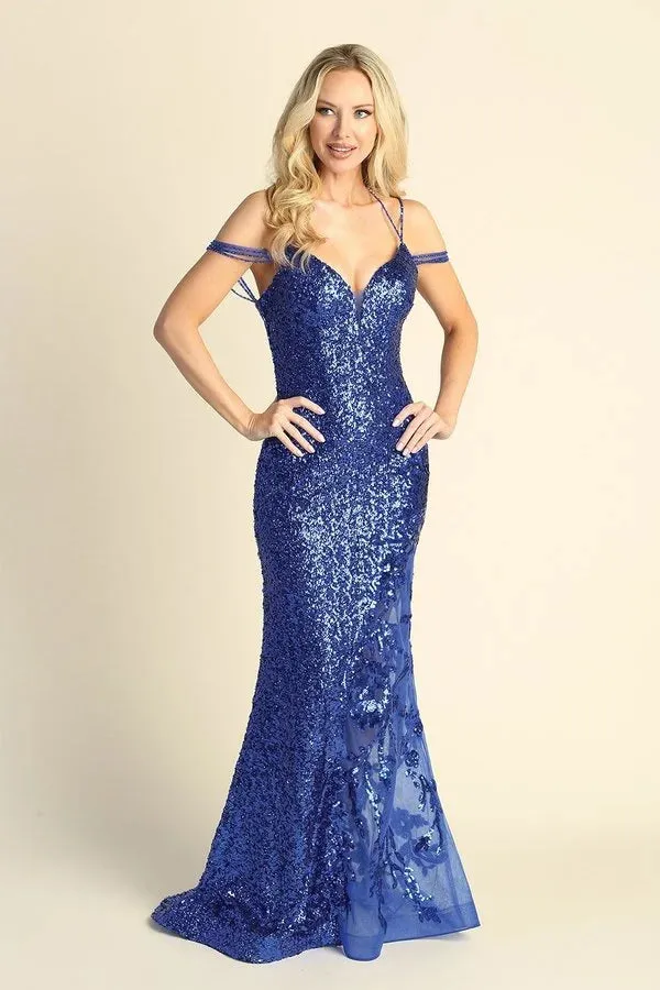 LF 7837 - Full Sequin Fit & Flare Prom Gown with Sheer Lace Leg Panel & Strappy Back