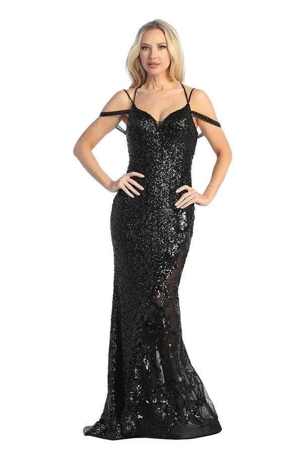 LF 7837 - Full Sequin Fit & Flare Prom Gown with Sheer Lace Leg Panel & Strappy Back