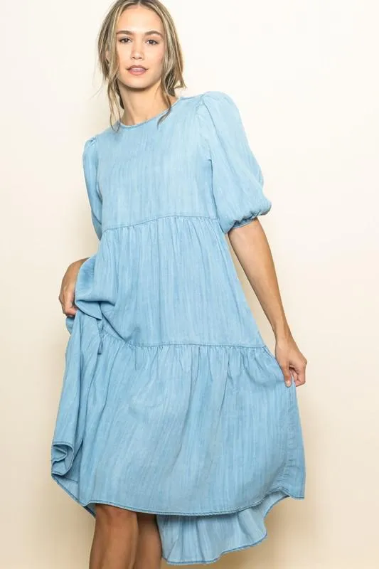 Light Denim High Low Midi Dress